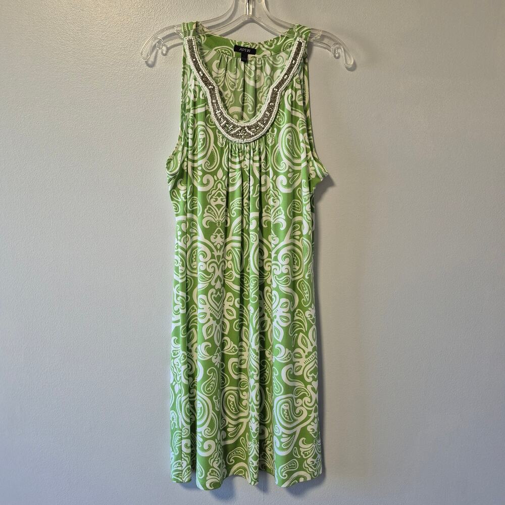 Apt. 9 Dress Green White Sleeveless Paisley Slip On Beaded Neckline Womens Large
